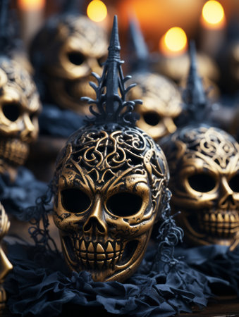 a row of skulls with candles in front of themの素材
