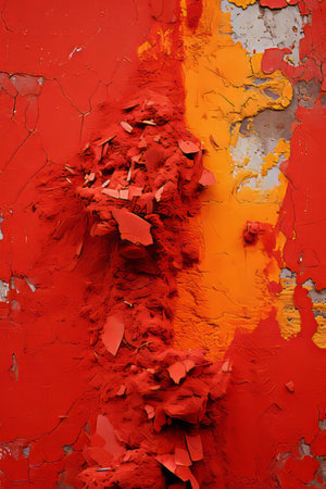 a red and orange wall with peeling paintの素材