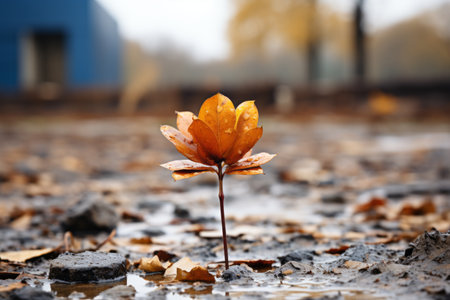 a single orange leaf is growing out of the ground in the middle of a mud puddleの素材