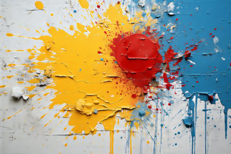 a red and blue paint splattered wall with a red heart painted on itの素材