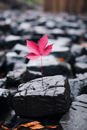 a single red leaf sits on top of some rocksの素材