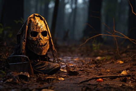 a scary mask sits in the middle of the woodsの素材