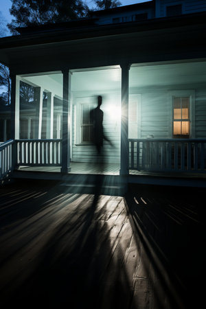 a silhouette of a person walking on a porch at nightの素材