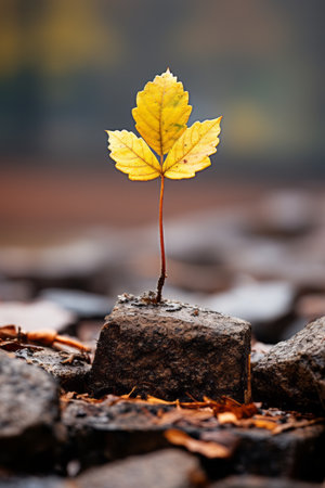 a small yellow leaf growing out of a rockの素材