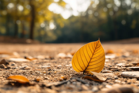 a single yellow leaf sits on the ground in the middle of a forestの素材