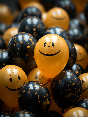 a smiley face balloon is surrounded by black and yellow balloonsの素材