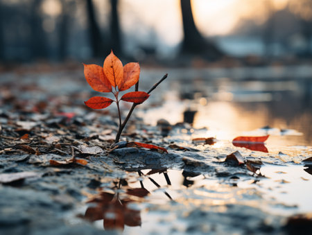 a single red leaf sits on the ground in the middle of a muddy puddleの素材