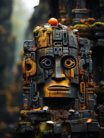 a statue of an ancient Mayan face in the middle of a forestの素材