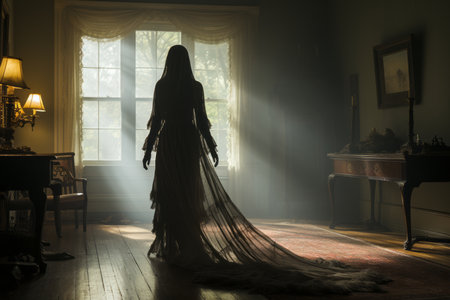 a woman in a long dress is standing in a dark roomの素材