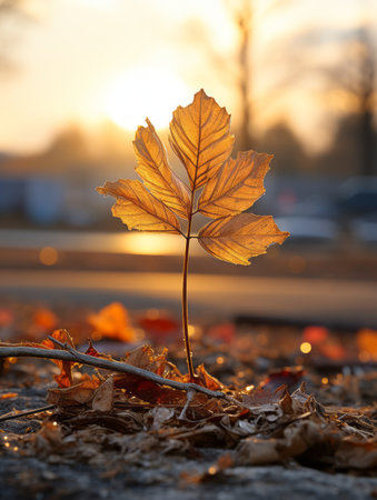 a single maple leaf sits on the ground in front of a sunsetの素材