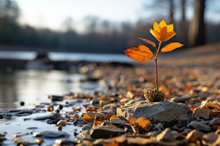 a small plant is growing out of a rock by the waterの素材