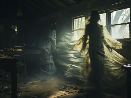 a woman in a ghostly dress is standing in a dark roomの素材