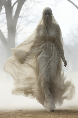 a woman in a white dress is walking in the fogの素材