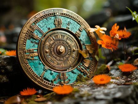 a turquoise and gold clock sits on top of a rockの素材