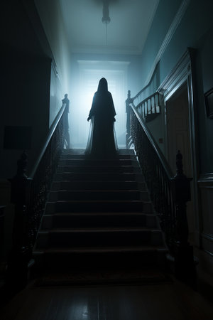 a woman in a black dress standing on the stairs in a dark roomの素材