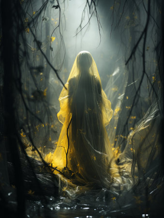 a woman in a yellow dress standing in the woodsの素材