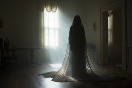 a woman in a long white dress stands in a dark roomの素材