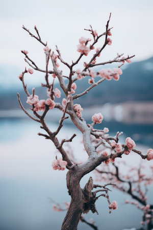 a tree with pink flowers in front of a lakeの素材