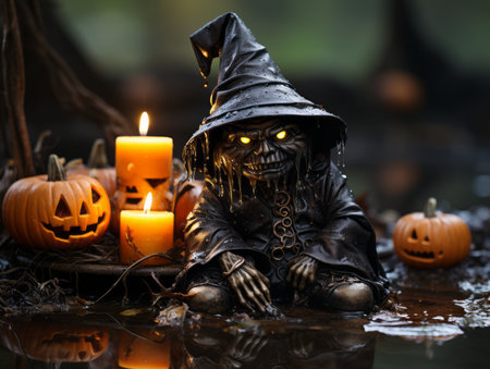 a statue of a witch sitting in a puddle of water with pumpkins and candlesの素材