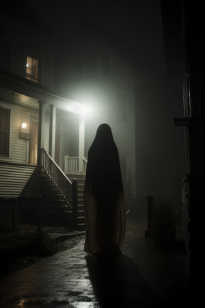 a woman in a hooded robe walks down a dark street at nightの素材