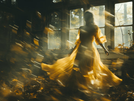 a woman in a yellow dress is standing in front of a windowの素材