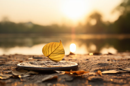a yellow leaf sits on the ground next to a lake at sunsetの素材