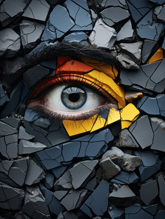a womans eye is in the middle of a cracked wallの素材