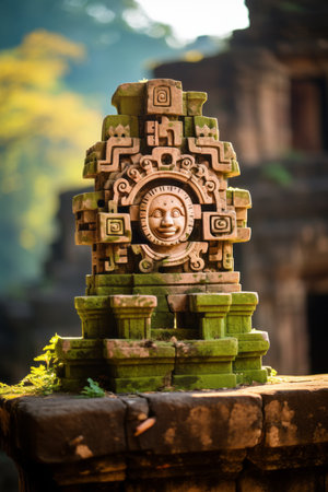 an ancient statue of the sun god in the middle of a jungleの素材