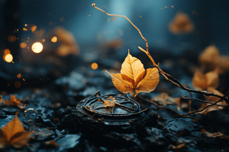 an image of a leaf on the ground with lights in the backgroundの素材