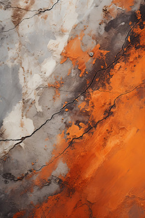 an abstract painting of orange and gray paint on a wallの素材