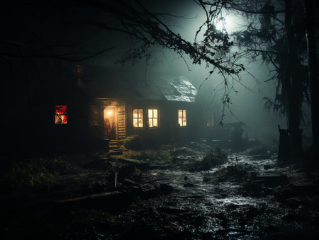 an old house in the woods at nightの素材