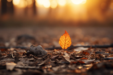an orange leaf sits on the ground in front of the sunの素材