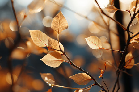 autumn leaves on a branch with sunlight shining throughの素材