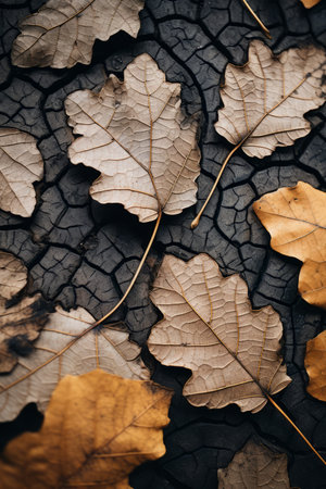 autumn leaves on a cracked surfaceの素材