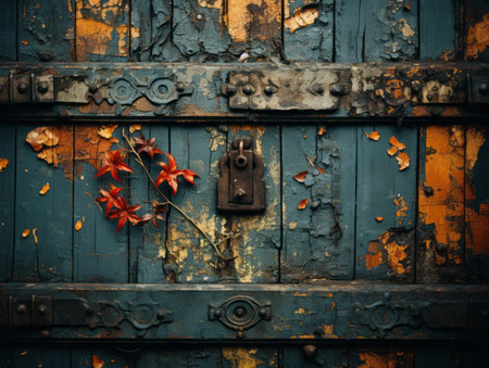 an old wooden door with peeling paint and flowersの素材