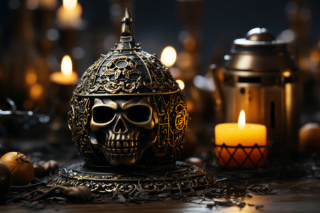 an ornate skull with a candle in front of itの素材