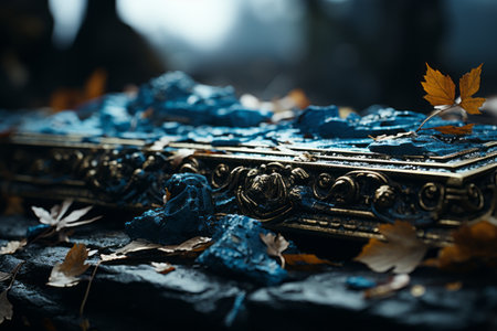 an ornate box with blue leaves on itの素材