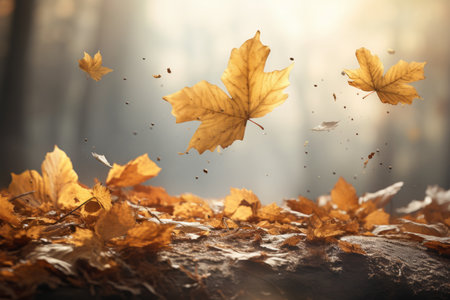 autumn leaves flying in the air in a forestの素材