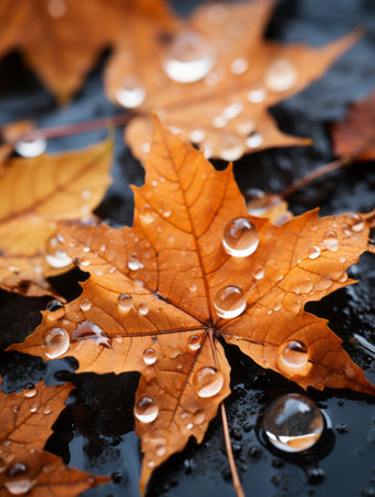 autumn leaves with water droplets on a wet surfaceの素材