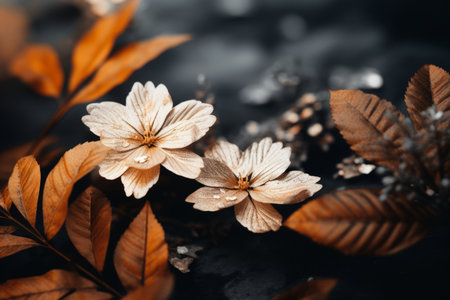 flowers on a black background with brown leavesの素材