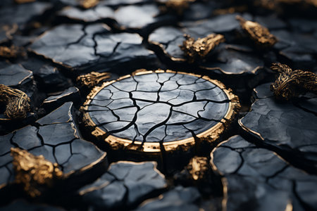 golden circle on cracked earth background 3d rendering stock photoの素材