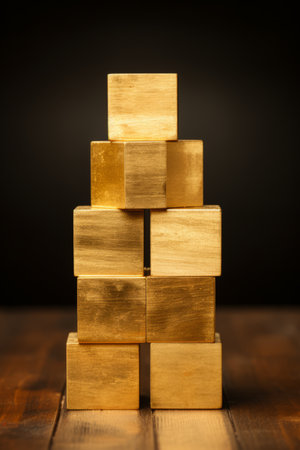 golden blocks stacked on top of each other on a wooden tableの素材
