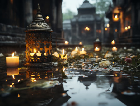 candles and lanterns sit on the ground in front of a templeの素材