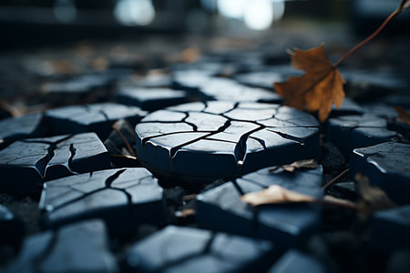 cracked pavement with a leaf on the groundの素材