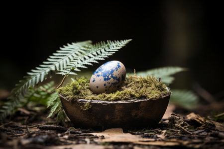 easter egg in a bowl with moss and fernsの素材