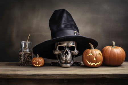 halloween skull and pumpkins on a wooden tableの素材
