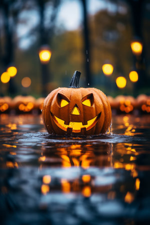 halloween pumpkins in the rain with lights in the backgroundの素材