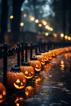 halloween pumpkins lined up in a row in the rainの素材