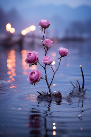 pink roses growing out of the water in the middle of the lakeの素材