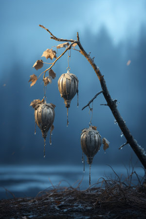 three silver balls hanging from a tree branchの素材